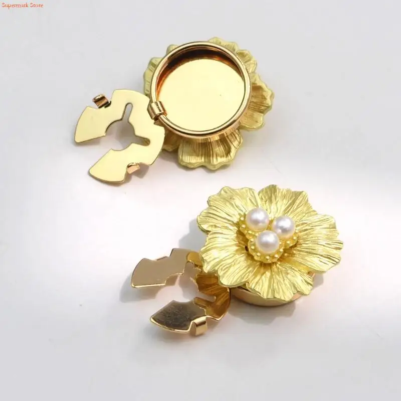 Q5WE Pack of 2 Button Covers with Camellia Flower and Faux Pearls Golden Base Cufflinks Accessory for Mens and Womens