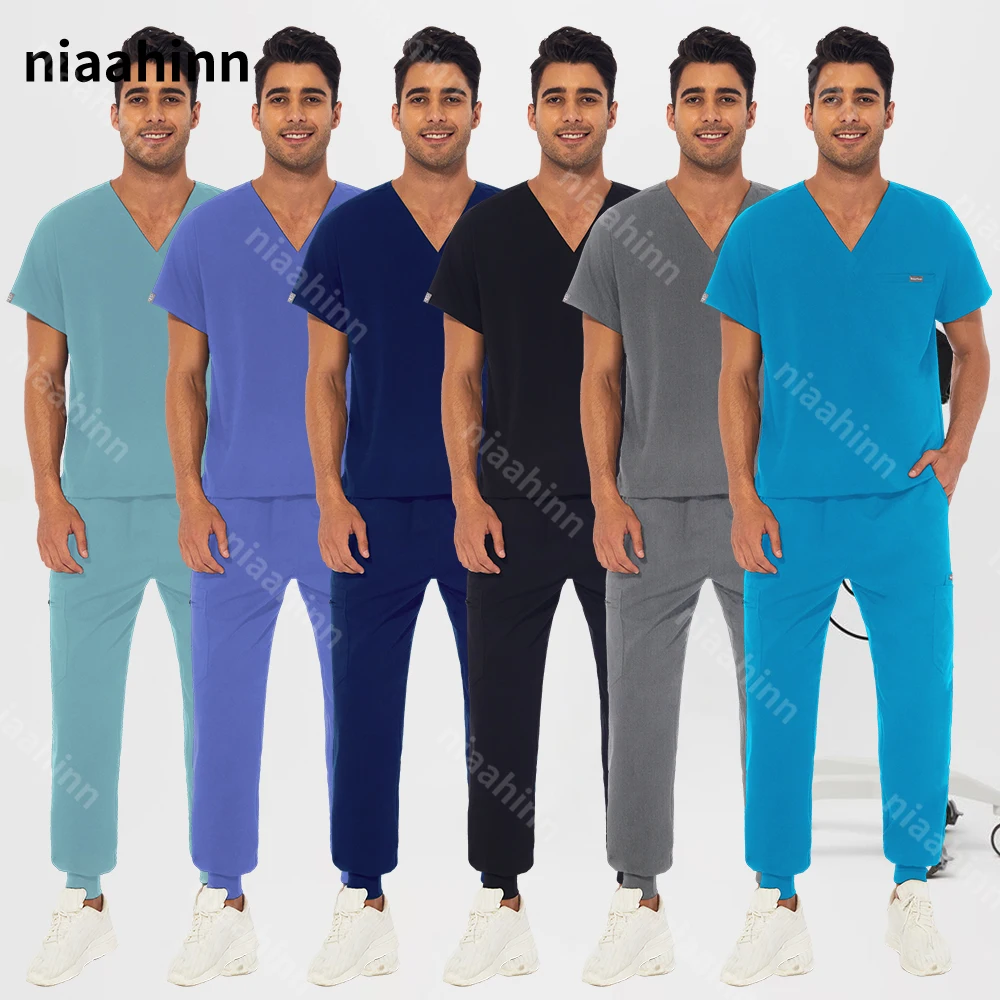 Multicolour Jogger Suits Doctor Nursing Uniform Short Sleeve V-neck Tops Pocket Pants Nurse Scrubs Set Clinical Work Clothes Men