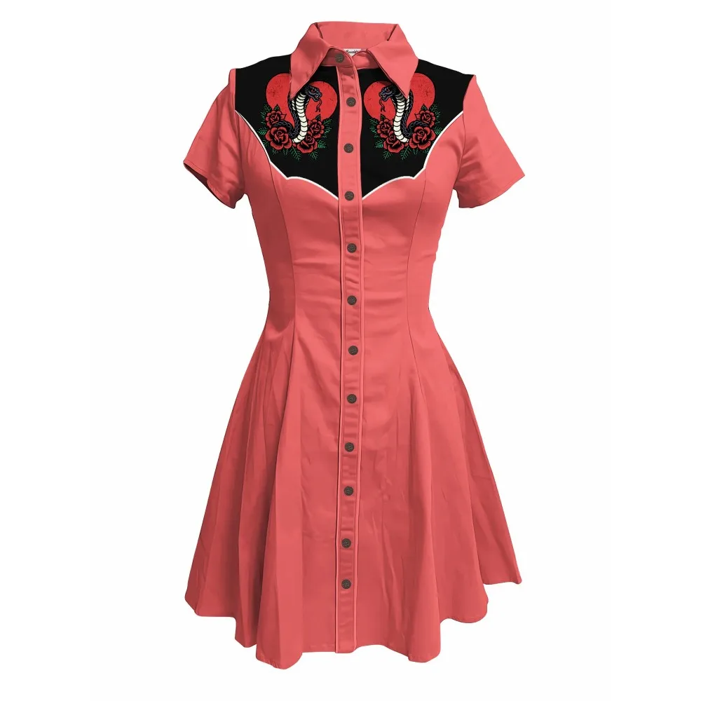 Bloemen en slangen bedrukte westerse cowboyjurk dames button-down jurk korte mouwen 100% katoenen jurk cool punk streetwear