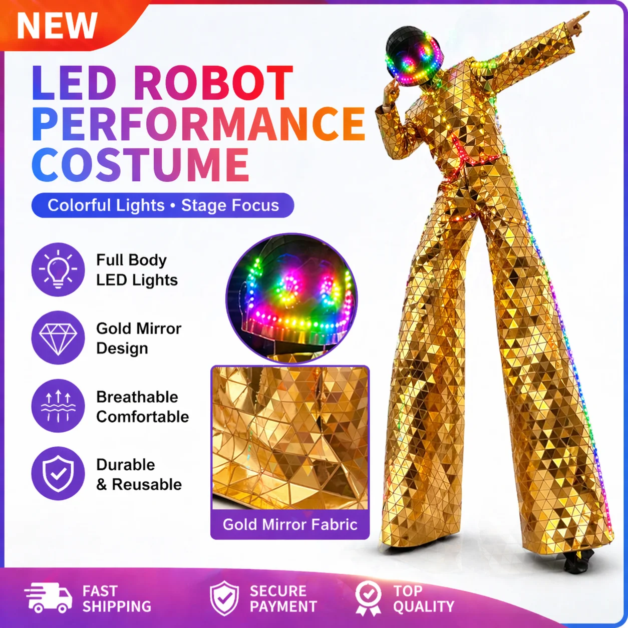 LED Light up Robot Stilts Suit Silver Mirror Sequin Fabric Adult Walker Costume for Stage DJ Club Party Fancy Dress Show
