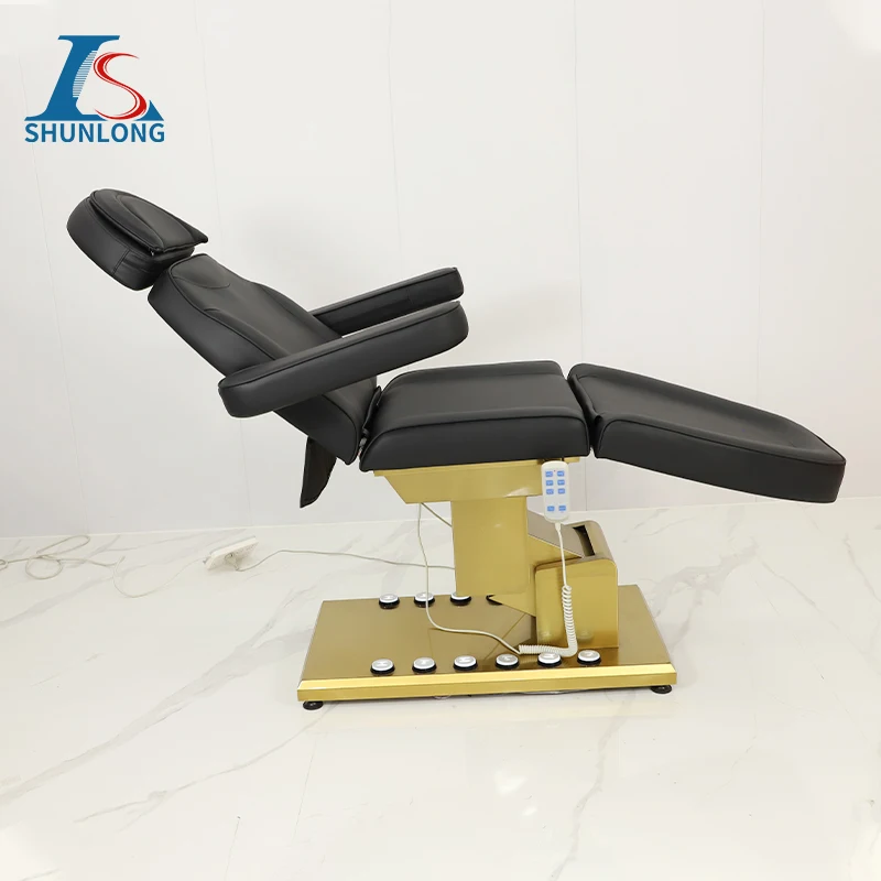 Electric Beauty Tattoo Chair Black PU Golden Metal Base 3 Motors Remote & Foot Control Reclining Cosmetic Chair for Microblading
