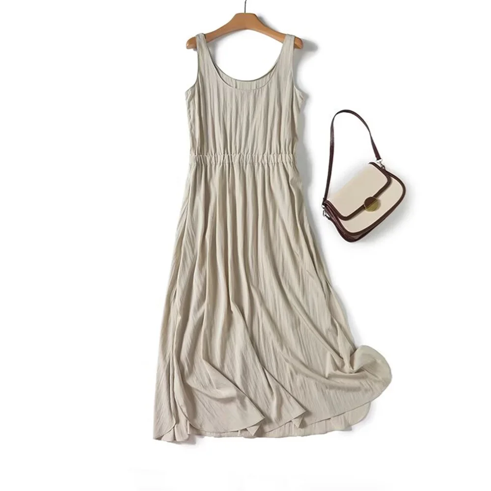 Casual Beige Sleeveless Maxi Dress for Women from Taop&Za with Elastic Waist and Pleated Details for a Flattering Fit