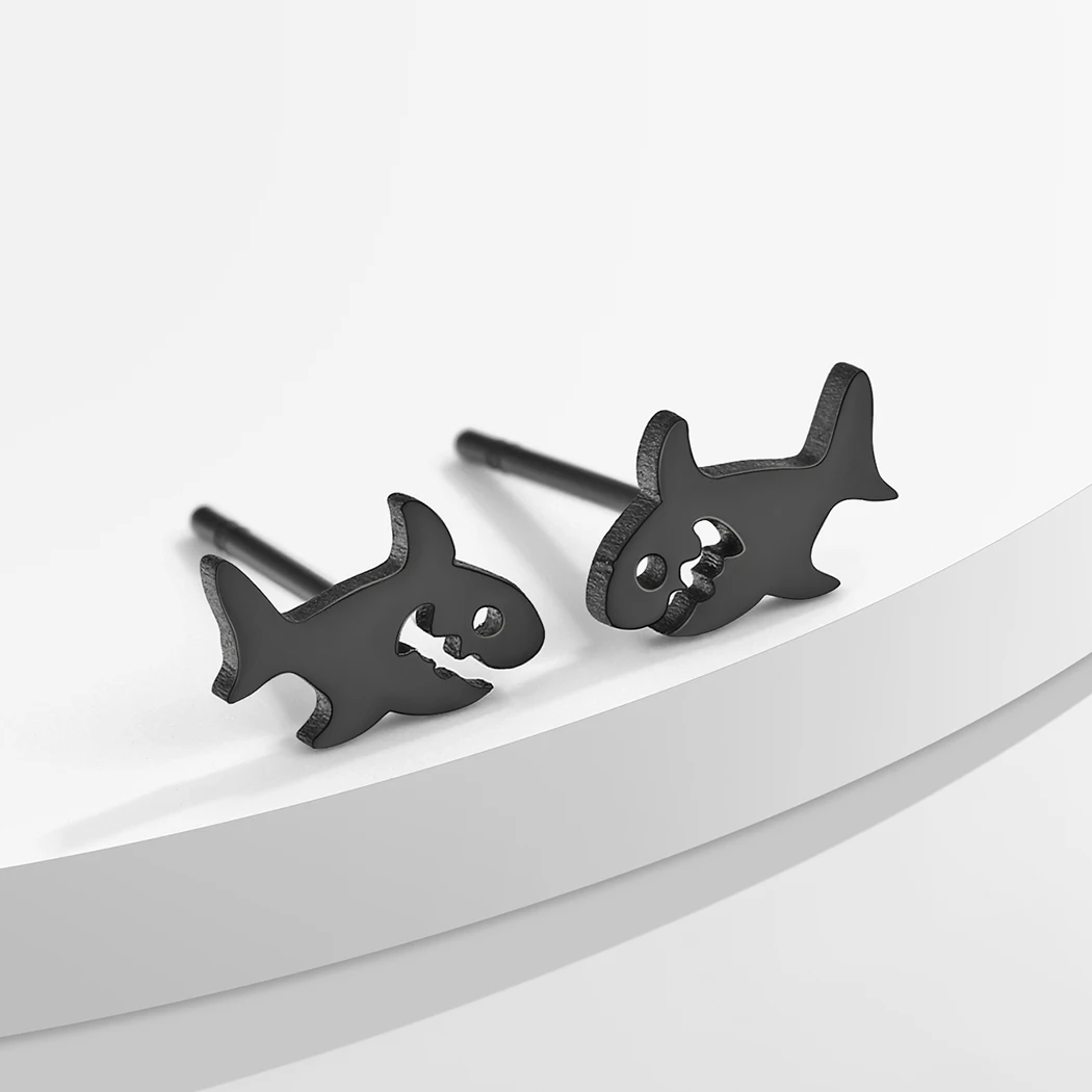 Punk Men Shark Stud Black Fashion Earrings 316 Stainless Steel Earrings For Women Jewelry Cartoon Shape Sea Creatures Party Gift