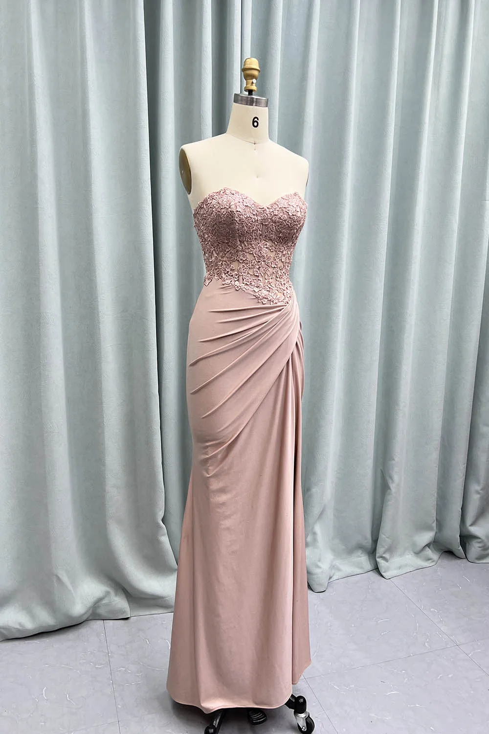 YQLNNE Sexy Pink High Slit Long Prom Dresses Strapless Embroidered Mermaid Dress with Ruched Side