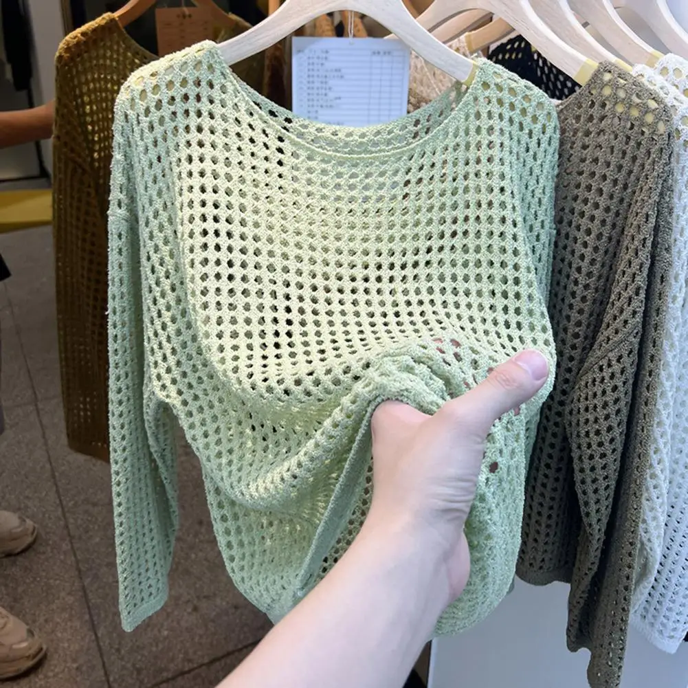 For Women Women Hollow Knit Top Solid Color Round Neck Long Sleeve Sunscreen Cover Up Loose Fit Casual Knitting Tops