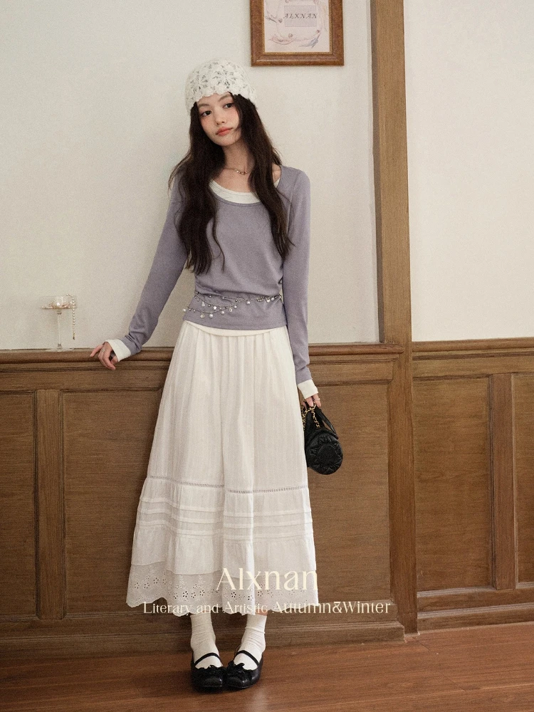 

ALXNAN Women's Skirt White Lace Cut-Out Detail Layered Flowy Long Cotton 100% Skirts Autumn Elastic Waist Female Clothing L52990