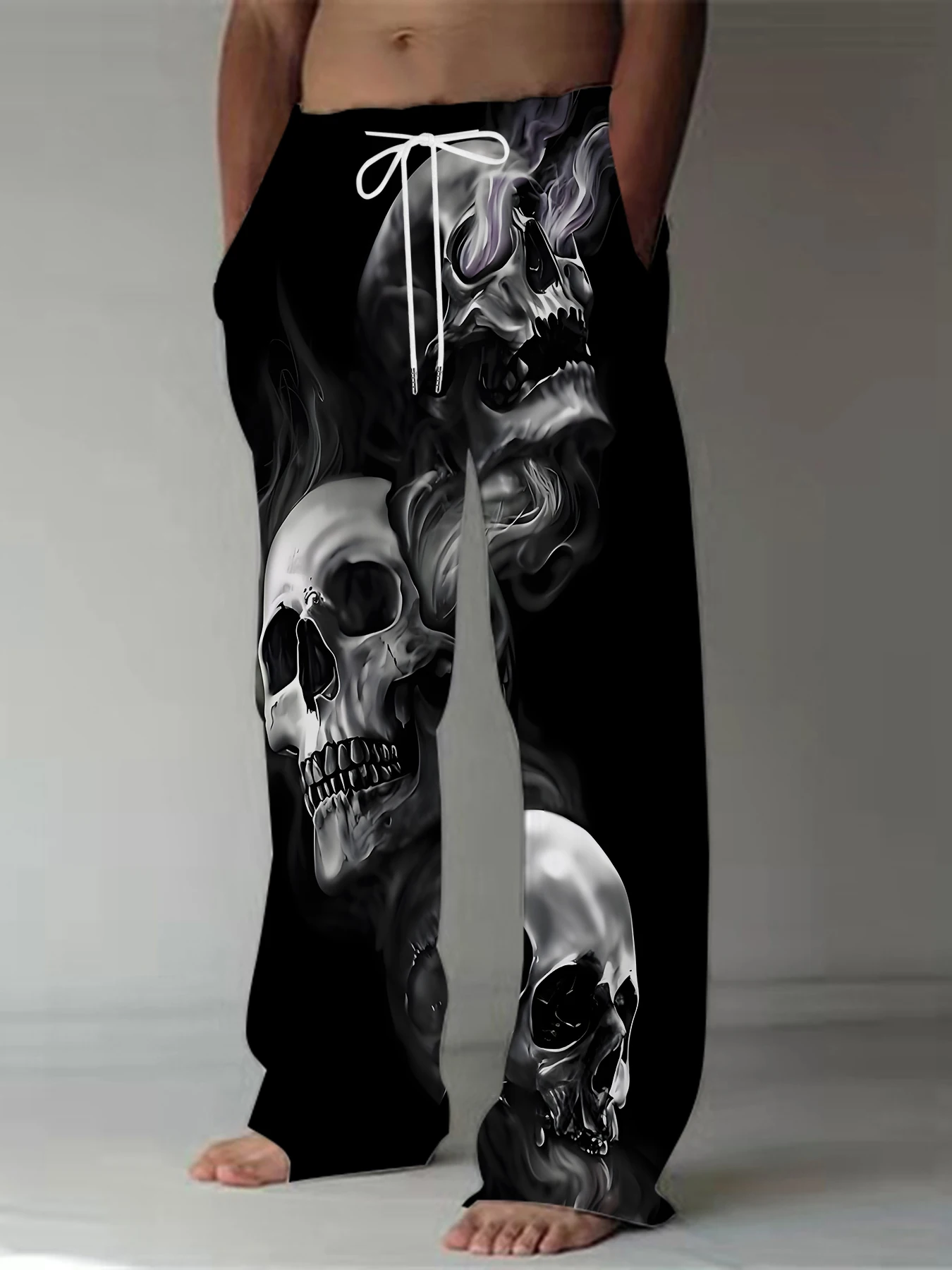 

2026 Men's Printed Straight Leg Pants Abstract Wave Design Drawstring Waist Loose Fit Summer Beach Casual Lightweight Trousers
