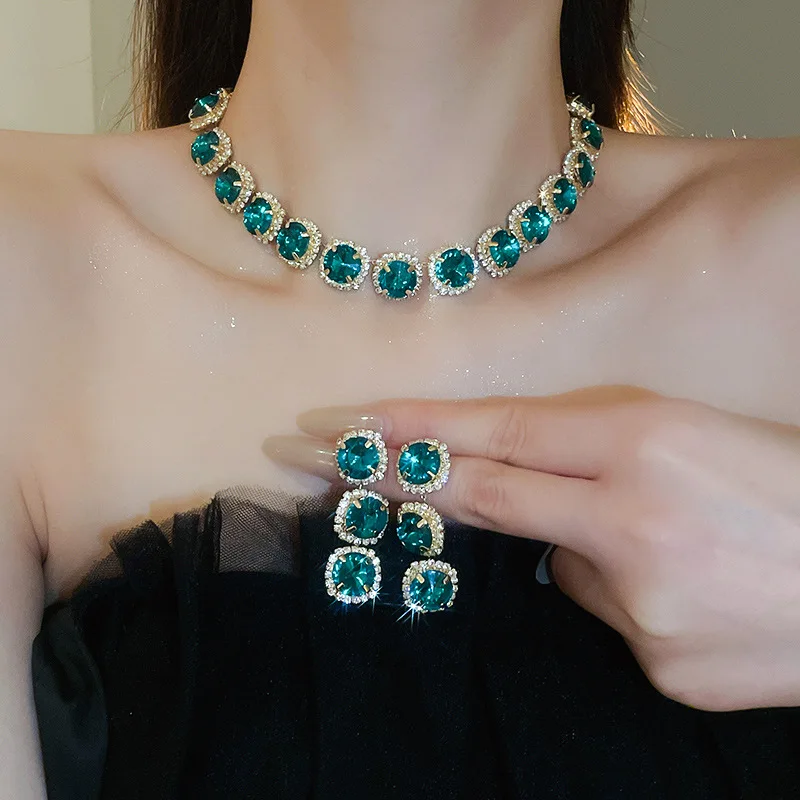 Exquisite Green Crystal Jewelry Set Necklace Earrings Bracelet Indian Bridal 3pcs Jewelry Sets Wedding Accessories