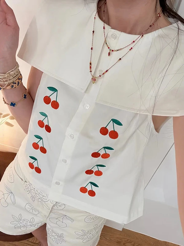 

Summer 2026 New Style Navy Big Collar Sleeveless Women's Shirt Embroidered Cherry Straight Cut Breathable Cotton Casual