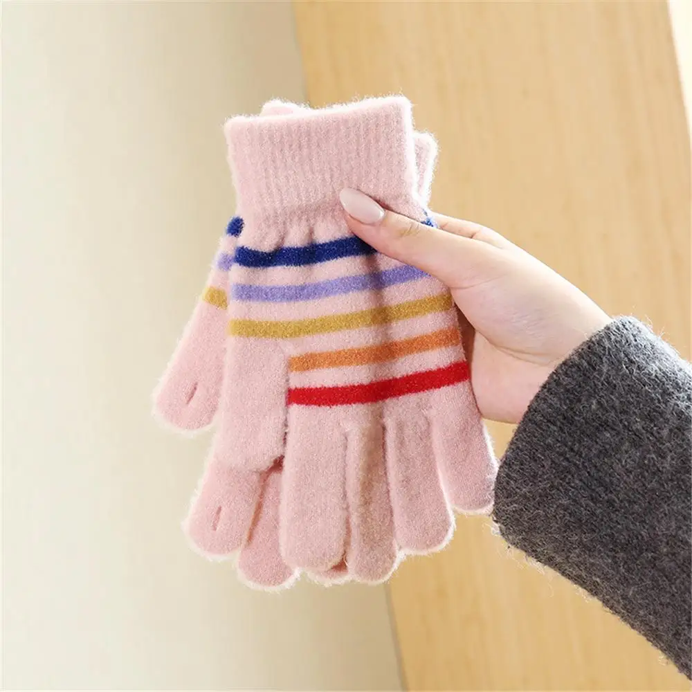 Cozy Rainbow Striped Knit Gloves Winter Warm Unisex Students Gloves with Small Openings on Fingers Touchscreen Gloves