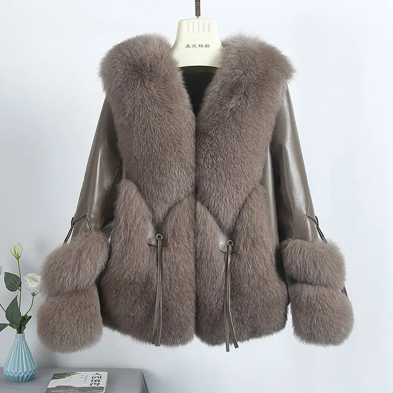 Echt fuchs Pelz mäntel mit Daunen echtes Schaffell Leder Vollleder Natur fuchs Pelz jacke Outwear Luxus Frauen 2024 Winter neu