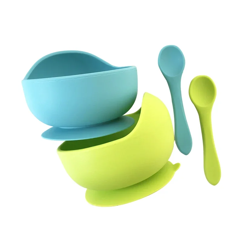 Silicone baby feeding bowl and spoon Heat insulation resistant to high and low temperatures silicone baby feeding set