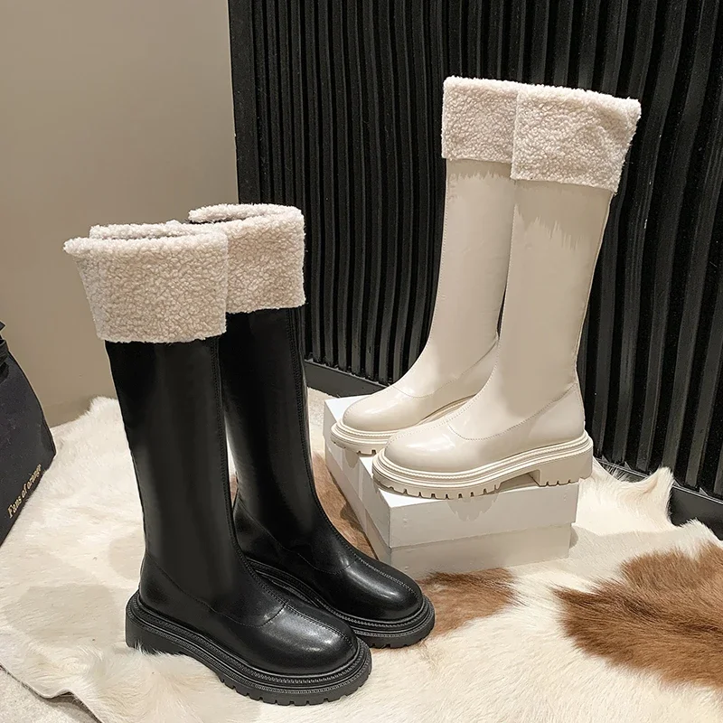 Winter Warm Plush Women Knee High Boots Fashion Soft Leather Long Booties Street Style Square Low Heels Shoes