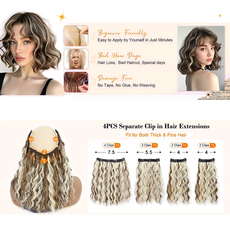 4 шт./компл., синтетические заколки для наращивания волос, короткие волнистые волосы, мягкие пушистые вьющиеся парики, модные аксессуары для волос A