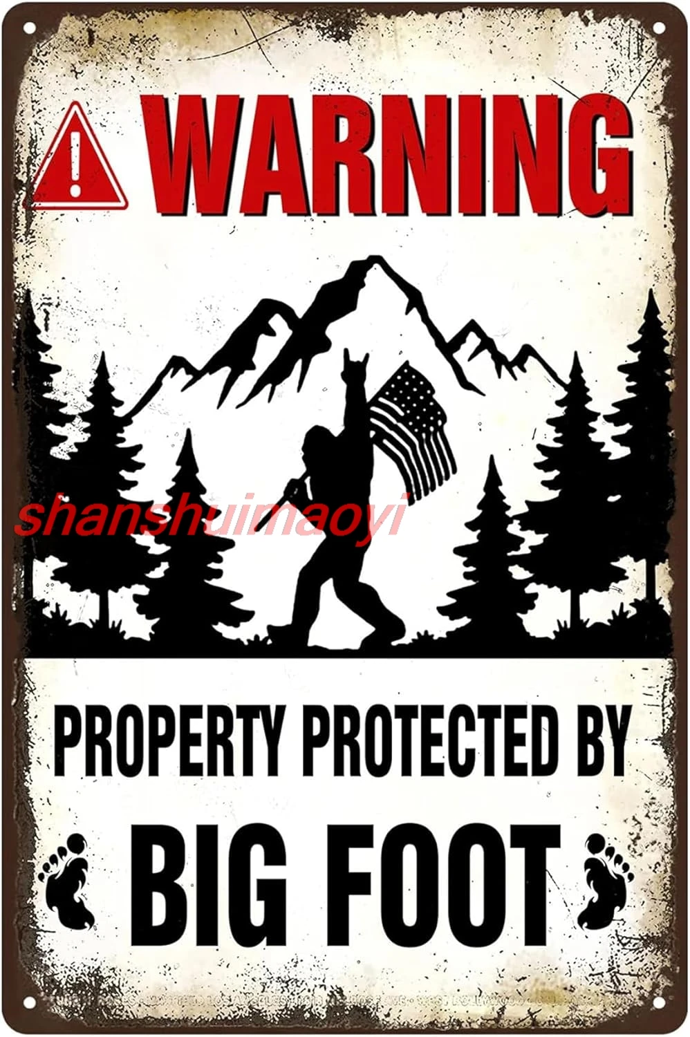 Warning Property Protected by Big Foot Tin Signs – Funny Metal Decor Gift Sign For Home Yard Street Outdoor Cute Bigfoot Gif SHA