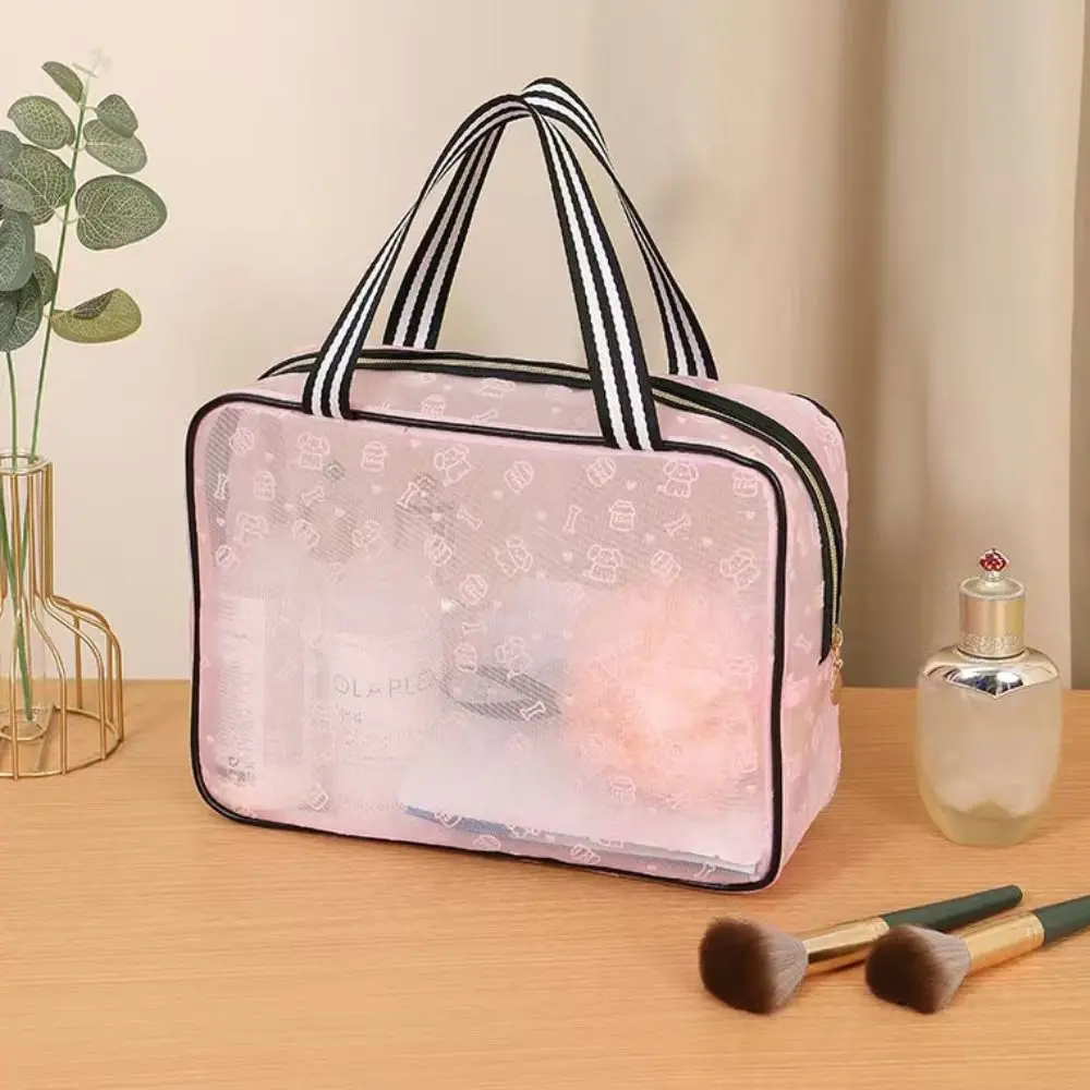 Lightweight Mesh Handheld Makeup Bag Zipper Square Mesh Cosmetic Bag Cosmetic Cases Transparent Storage Toiletry Bag Ladies