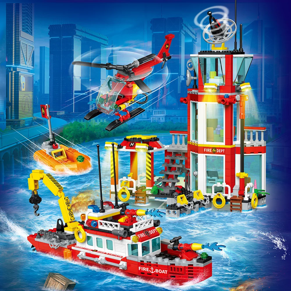 City Oceans Fire Station Blocks Compatible with leg0 Fire Station Set with Fire Station,Fire Helicopter,Fire Ship,Rescue Boat