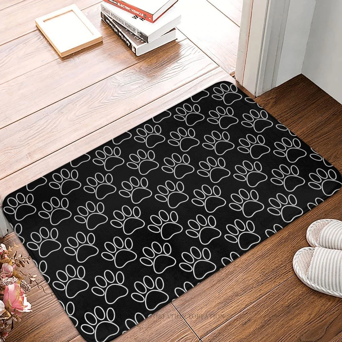 Paw Bath Non-Slip Carpet White Dog In Black Background Flannel Mat Welcome Doormat Home Decoration Rug