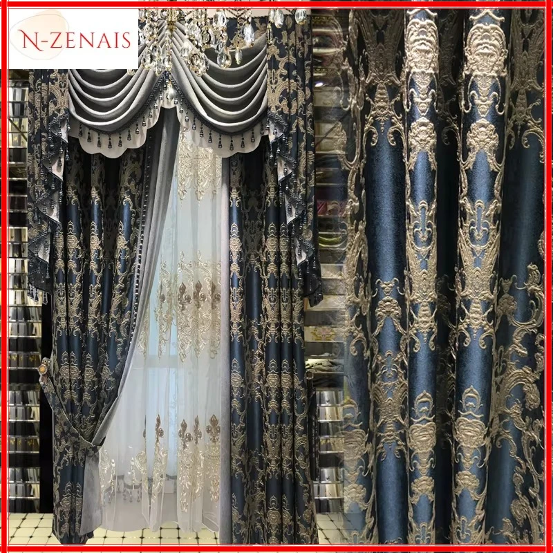 

European Blue Embroidered Tulle Valance Luxury Curtains for Living Room Bedroom Blackout Elegant Classical Custom Window Dining
