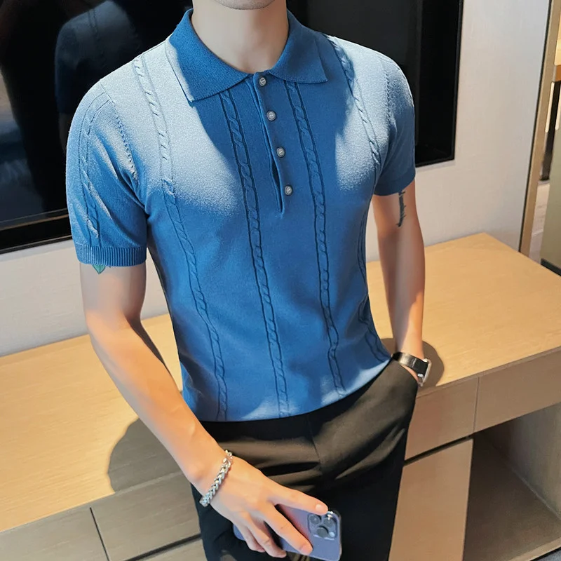 

Fashion Knit Solid Color Men's Polo Shirt Slim Short Sleeve Turn-down Collar Ribbed Tee Summer Men Clothes Casual Tops 4XL