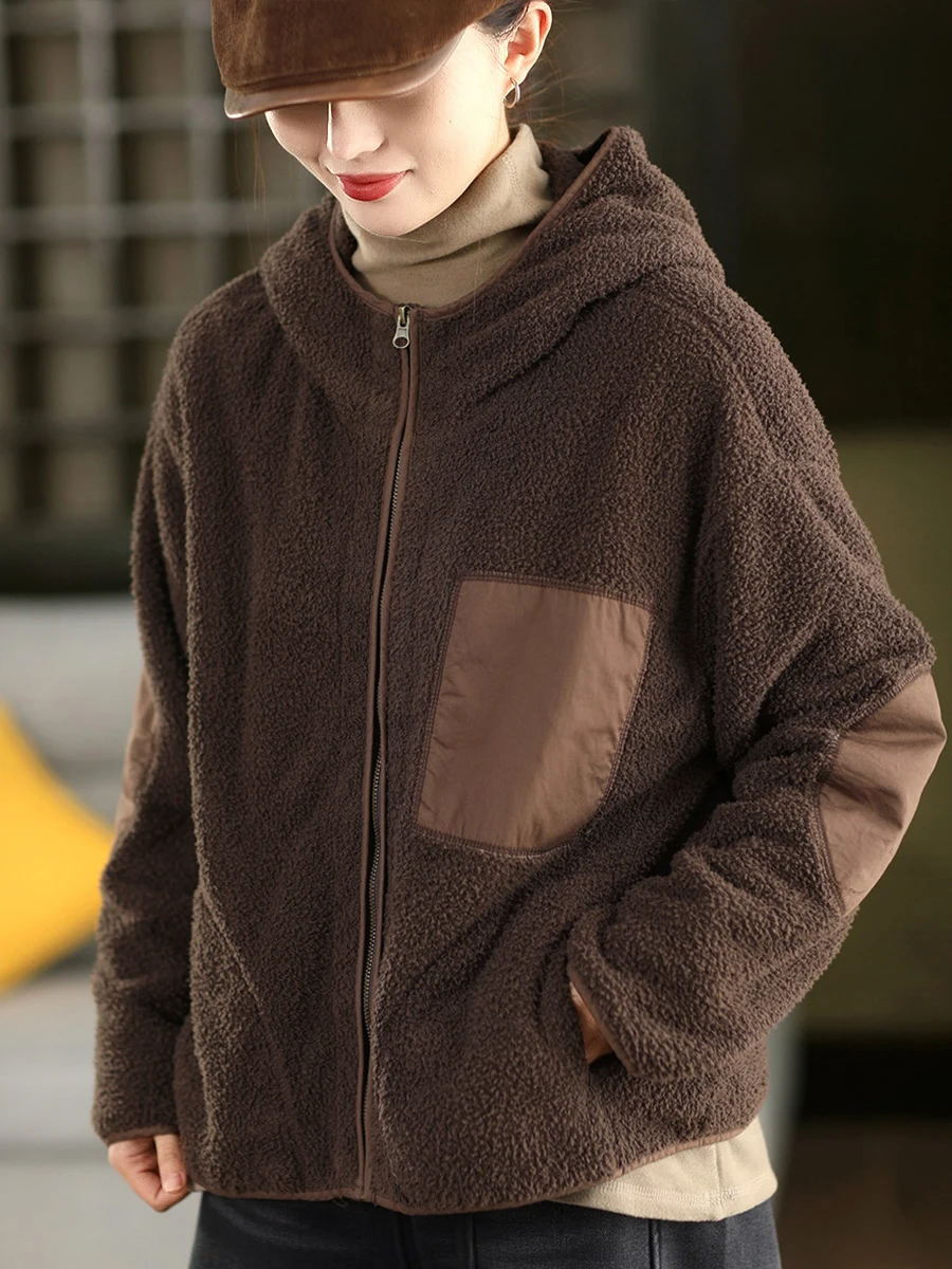 

Утепленная двусторонняя флисовая куртка с капюшоном для женщин: теплая верхняя одежда на весну, осень и зиму, модная винтажная модель с длинными рукавами