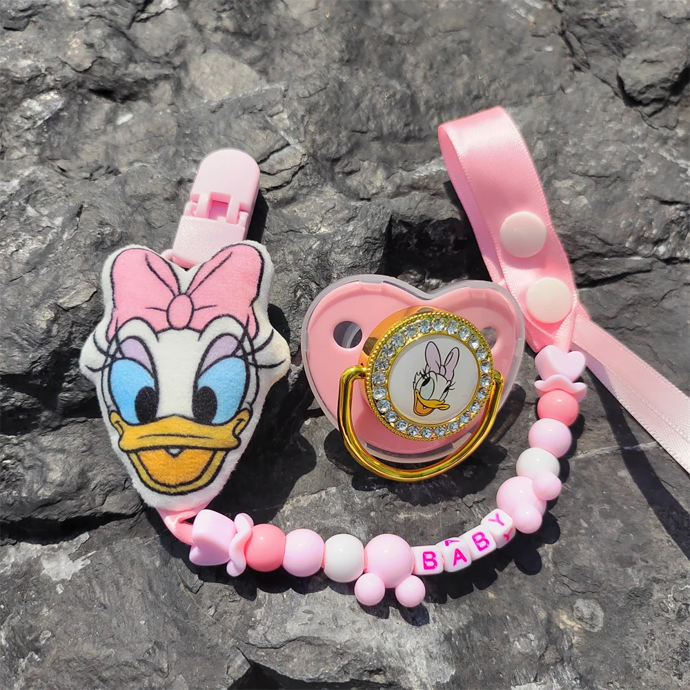 Kawaii Pink 6cm Daisy Duck Plush Ornament Doll Nipple Chain and Pacifiers Disney Personalized with English Name Dummy Soothers