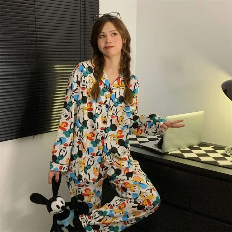 Disney Mickey Donald Duck Pluto cute cartoon girl heart spring and autumn pure cotton long-sleeved home clothes couple pajamas