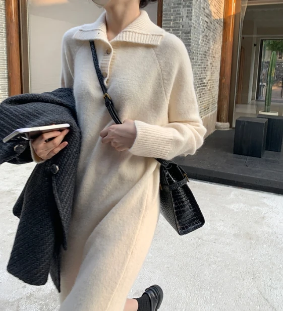 

Elegant Knitted Women's Sweater Dress New Fashion Buttons Loose Medium Long Knee Long Collar Pullover Party Dresses Streetwear