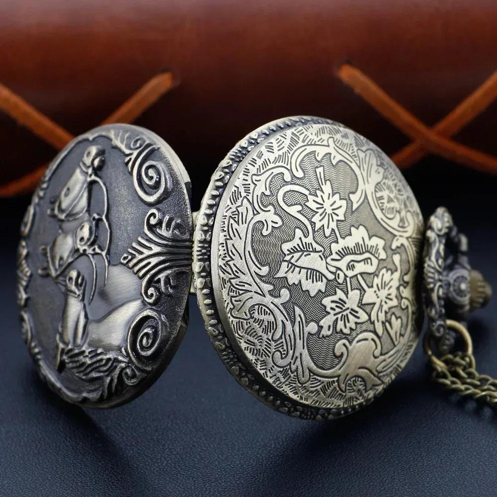 빈티지 아트 말 패턴 청동 석영 주머니 시계 펜던트 시계 체인 절묘한 매력 선물 남성 여성 수집가에게 이상적