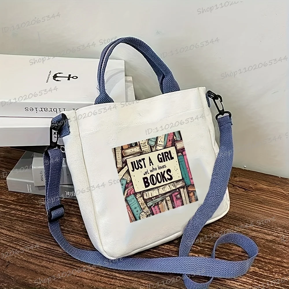 Women's Book Lover Handbag "Just A Who Loves Books" Quote Crossbody Bag White with Blue Accents for Travel Book Clubs Gifts