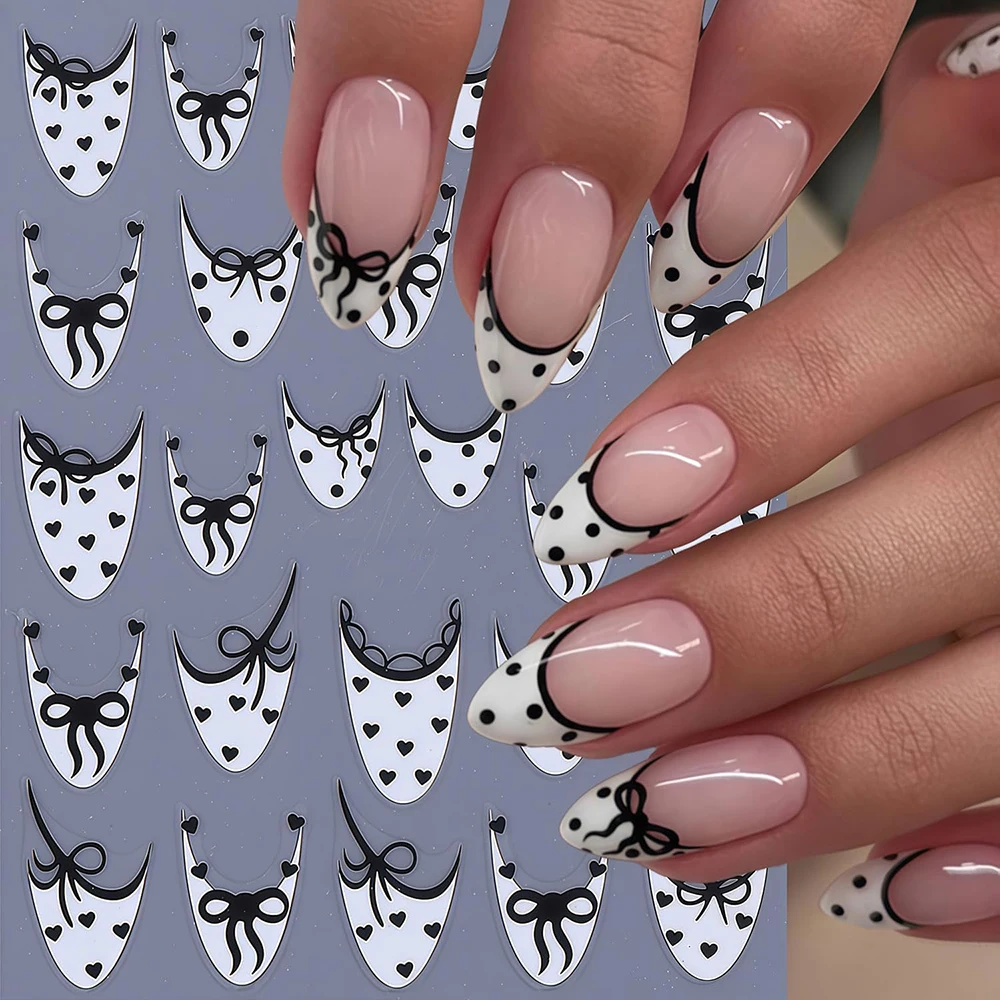 2 Stück Französische Spitzen-Nagelkunst-Aufkleber Schwarze & Rote Schleifen-Nagelsticker 3D Selbstklebende Schleifen-Herz-Nageldekoration