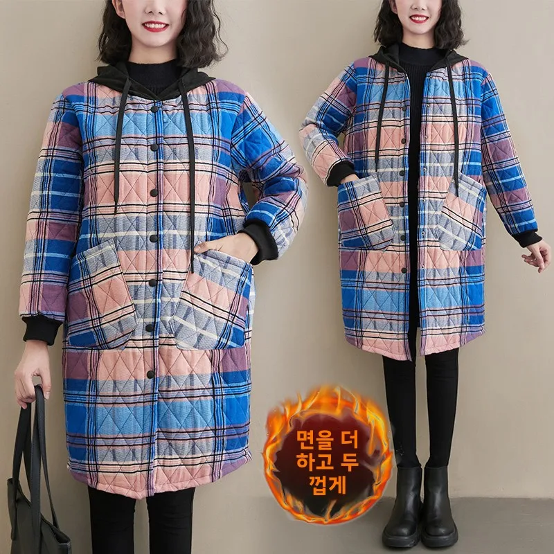 Plus Size Retro Cotton Flannel Hooded Casual Outerwear Women's Winter Warmth Outer Layer Coat Stripe Pattern Korean Sle Long ...