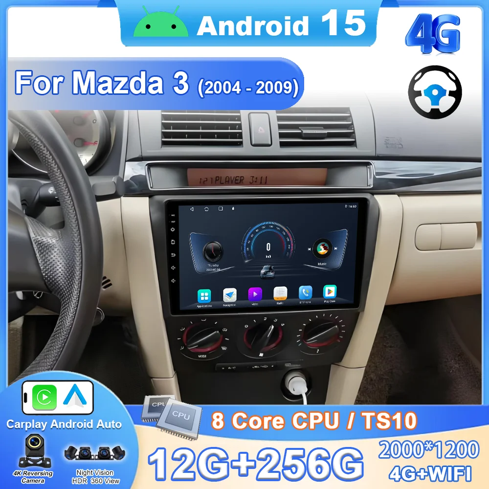 Android 16 For Mazda 3 2004 2005 2006 2007 2008 2009 Car Radio Stereo Multimidia Player GPS Navigation Carplay Car 4G+Wifi QLED