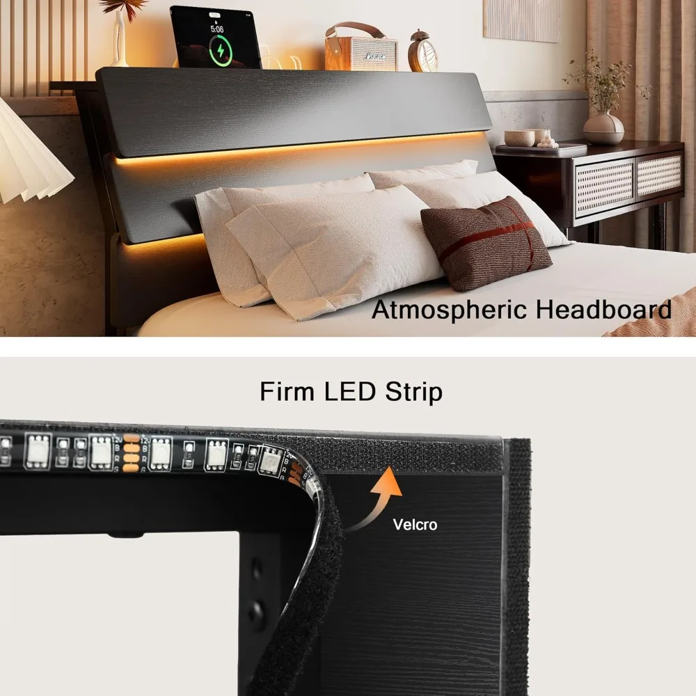 Floating Bed Frame Full Size with Led Headboard and Charging Station, Metal Platform Bed Base with Storage, Remote Control
