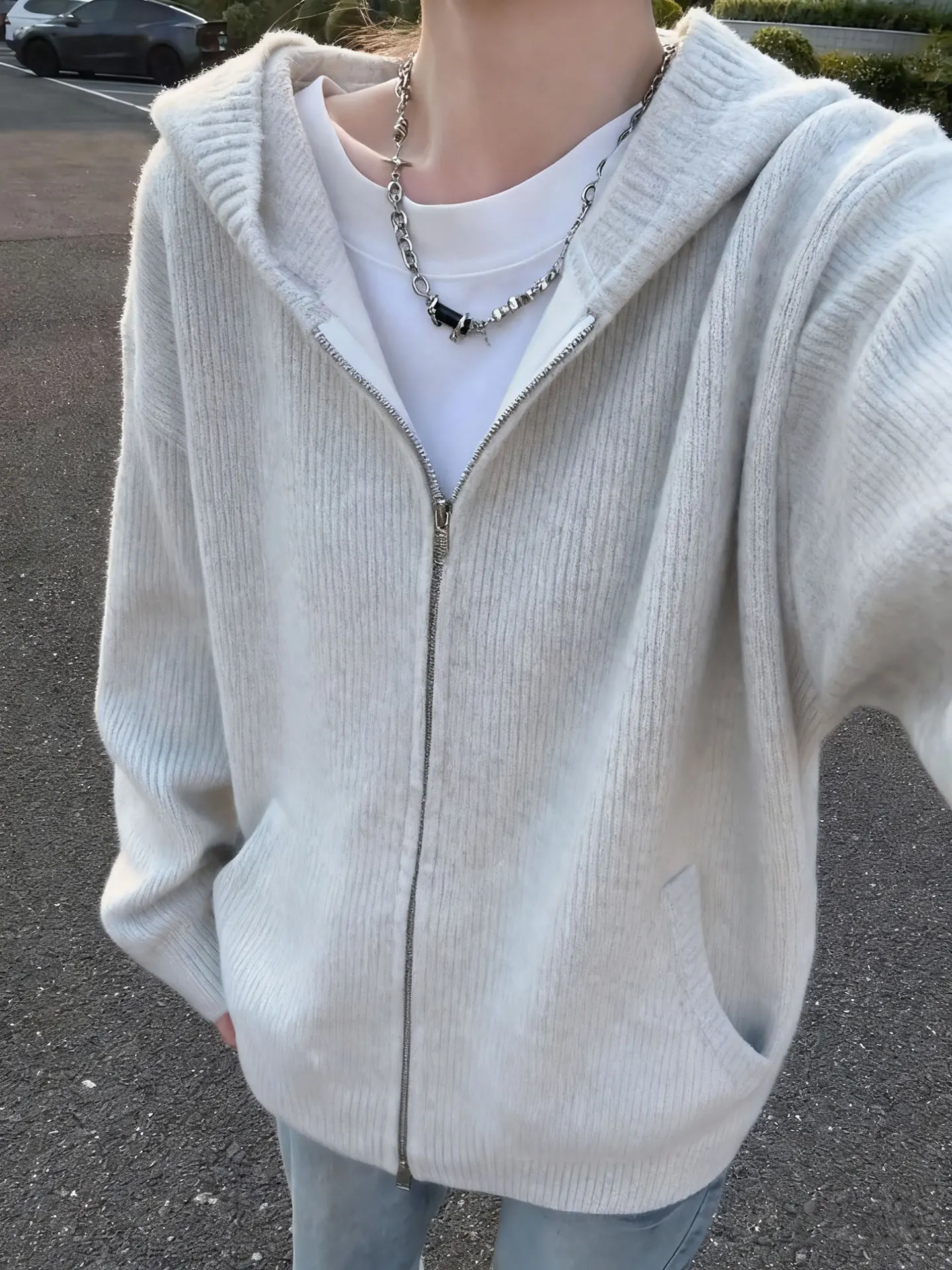 

American Sle ey Zipper Open Cardigan Sweater Men Women Loose Knitted Hat Coat Lazy Sle Autumn Faion Casual Wear