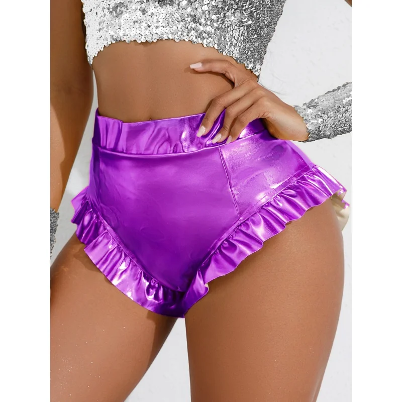 High Waist Ruffles Sexy Bronzing Casual Shorts Bar Pole Dance Performance Wear