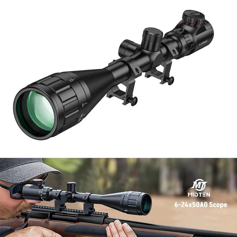MidTen 6-24x50 AO Rifle Scope for Hunting Red and Green Illuminated Long Range Scope Sight 1 inch Tube SFP with 20mm Rings Mount