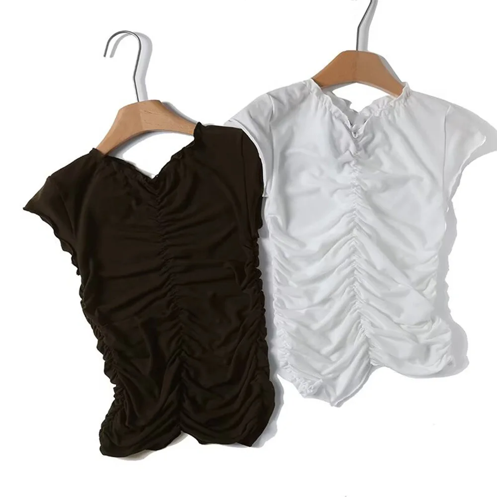 

женская плиссированная футболка с v-образным вырезом и короткими рукавами, свободный подол, топ на весну и лето, новая повседневная однотонная шикарная футболка