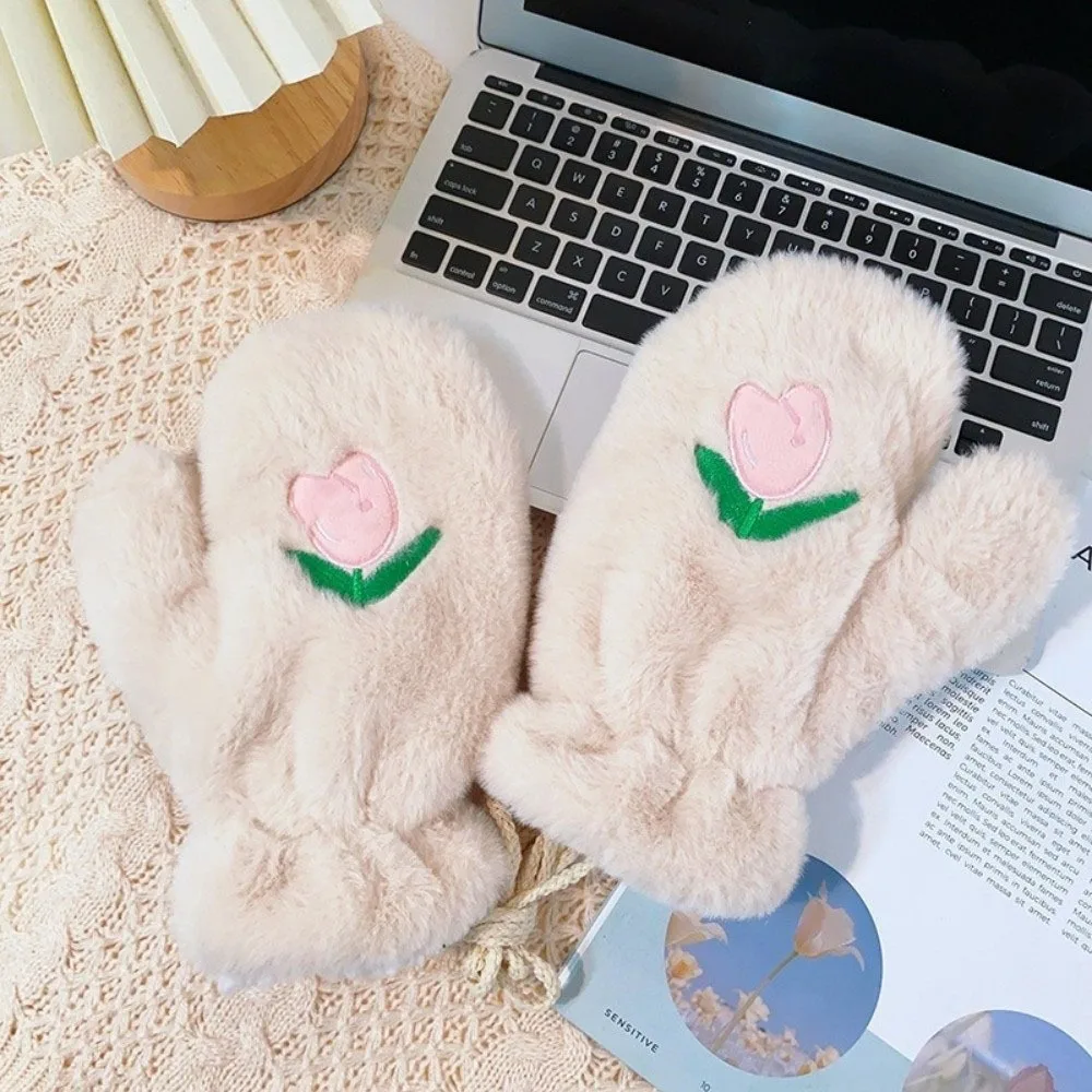 Cozy Cold-Proof Tulip Embroidery Gloves Windproof Warm Hanging Neck Mittens Soft Thickened Thickened Gloves Outdoor
