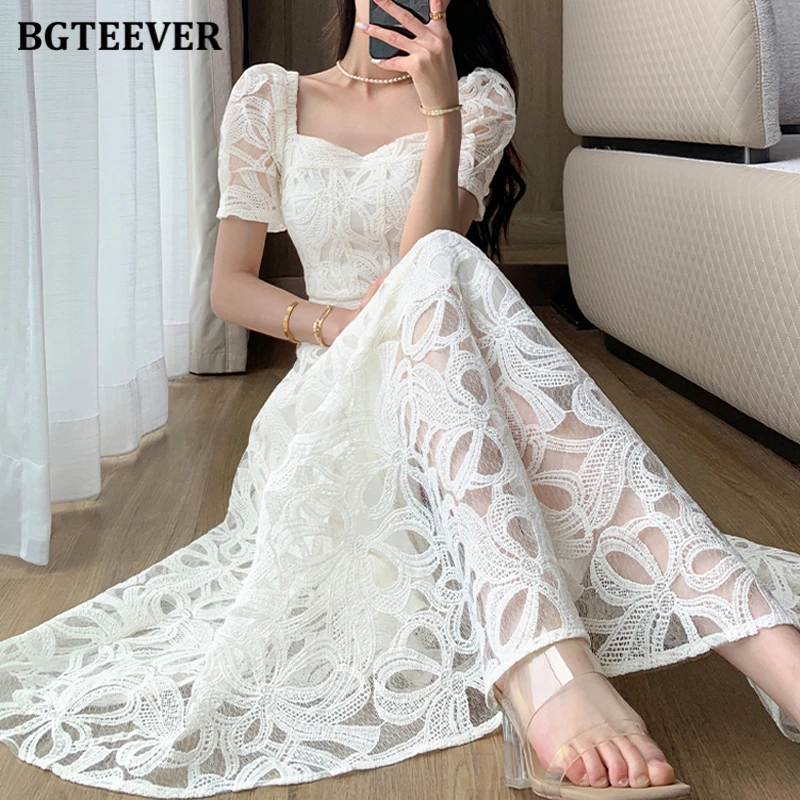 BGTEEVER Vintage Square Collar Female A-line Dress Summer Elegant Short Sleeve Women Lace Dress Ladies Vestidos