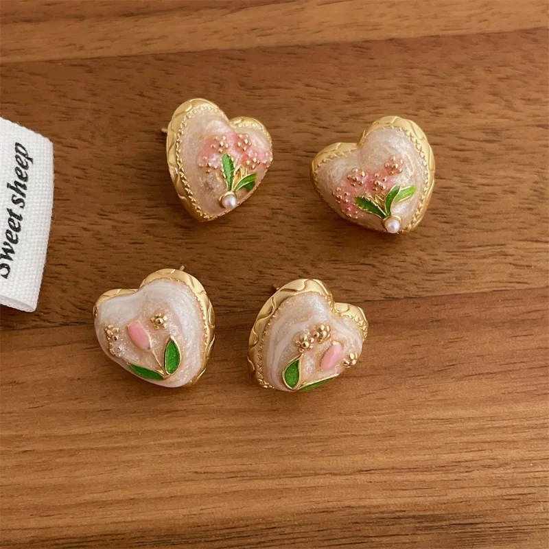 

Minar Elegant Enamel Pink Tulip Flower Bouquet Simulated Pearl Chunky Heart Shape Stud Earrings for Women Wedding Bridal Jewelry