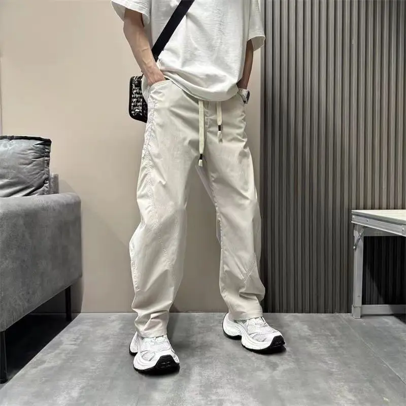 

Spring Summer New Solid Color Elastic Waist Fashion All-match Wide Leg Trousers Man High Street Casual Pocket Patchwork Pants