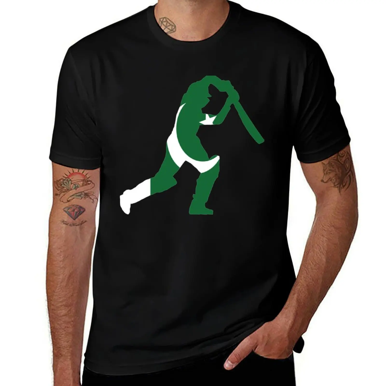 Pakistan Flag and Batsman for Cricket Team Fan T-Shirt Soft Casual Short Sleeve Cotton Tee T-Shirt