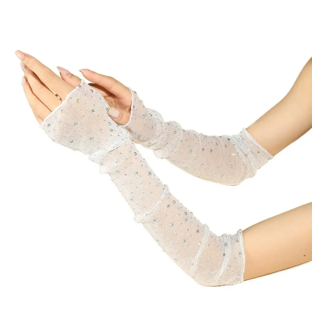 Breathable Summer Lace Gloves Shiny Drill Mesh Yarn Long Fingerless Gloves Arm Cover Sunscreen Arm Sleeves Outdoor Sports