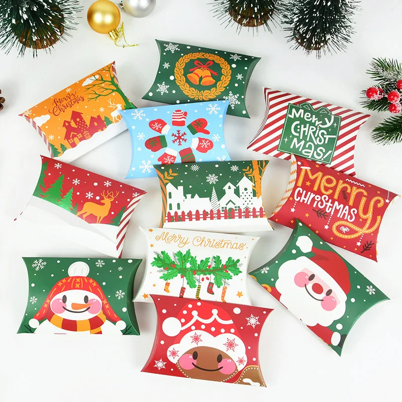 Christmas Pillow Shape Kraft Paper Candy Box Kids Favors Gift Packaging Boxes Merry Christmas Party Decorations Navidad Supplies