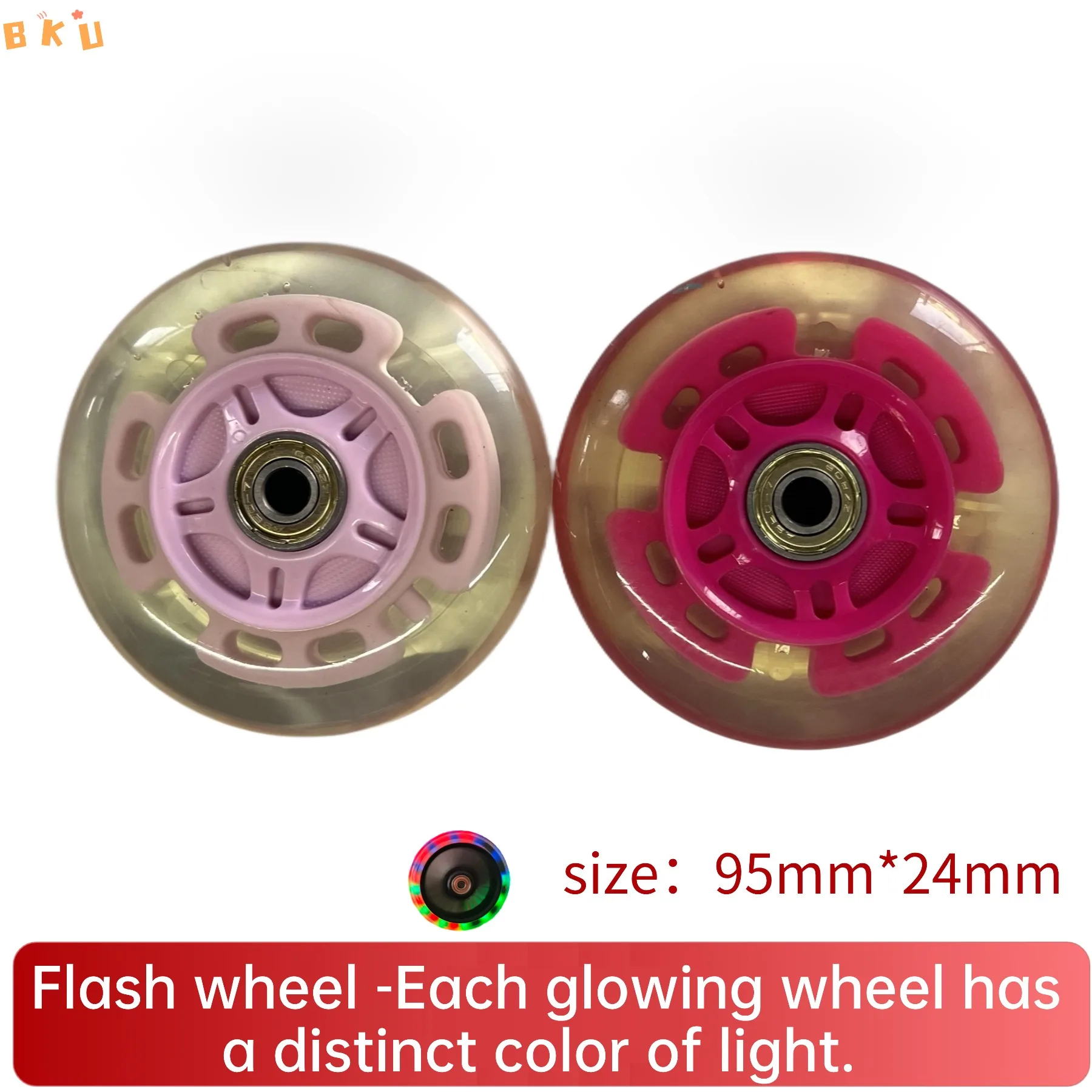 

95mm LED PU Inline Skate Wheels Abec-7 - Clear Light Pink/Rose Red, 2/4/6/8 Packs for Skates/Scooters