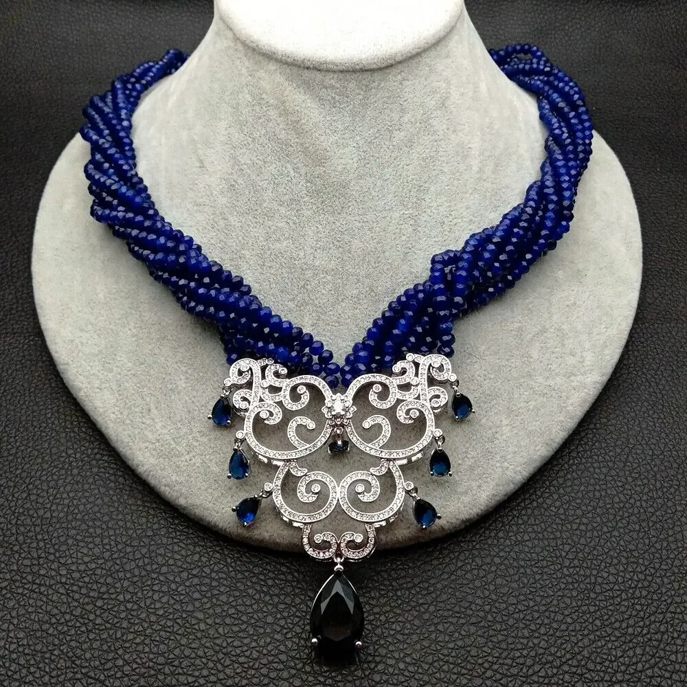 

21'' 7 Strands Blue Faceted Rondelle Jade Necklace Zircon Pendant