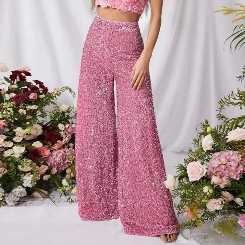 Frauen Elastische Hohe Taille Breite Bein Pailletten Hosen Funkelnden Glitter Stretchy Stoff Casual Party Club Datum Streetwear Hosen