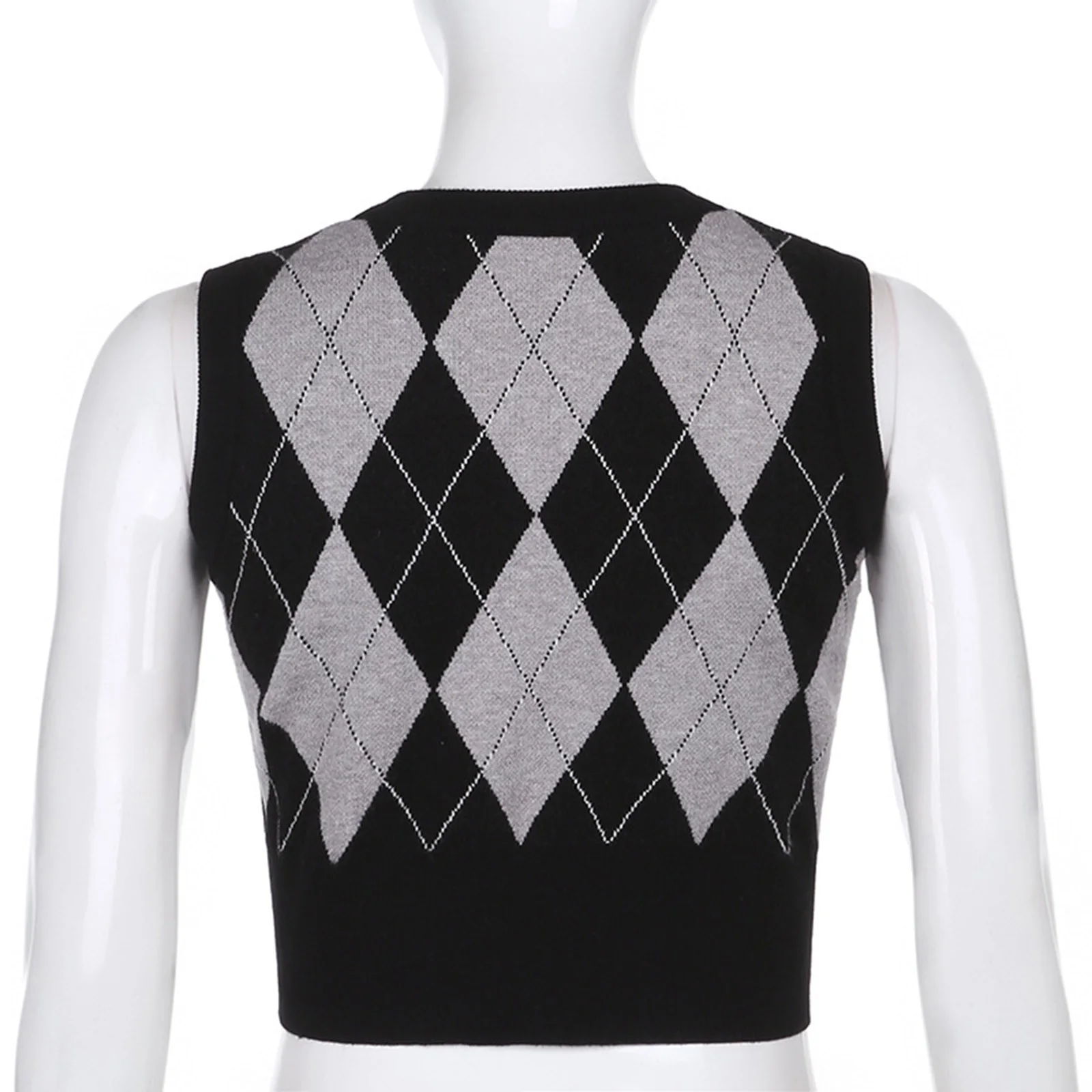 Womens Vest  Tops V Neck Argyle Knitted Vest Fashion Contrast Color Plaid Sleeveless Crop Top Pullover Sweater