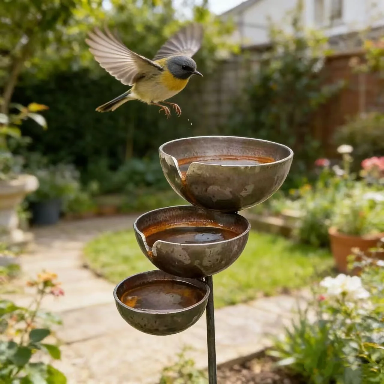 3-Layer Bird Water Bowl with Metal Stake Rain Catcher Bird Bath Standing Birdbath Outdoors Garden Patio Yard Lawn Decor Ornament